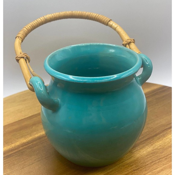 Vintage Stamped Handmade Swedish Teal Glazed Small Clay Pot with Wicker Handle - Picture 1 of 9